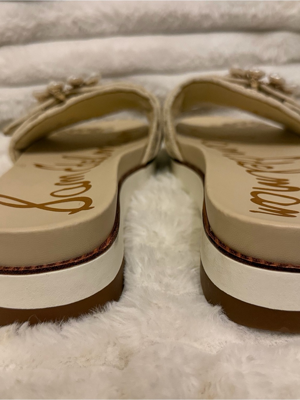 Sam Edelman Beige Lace Pearl-Buckle Slide Mules - Picture 6 of 9
